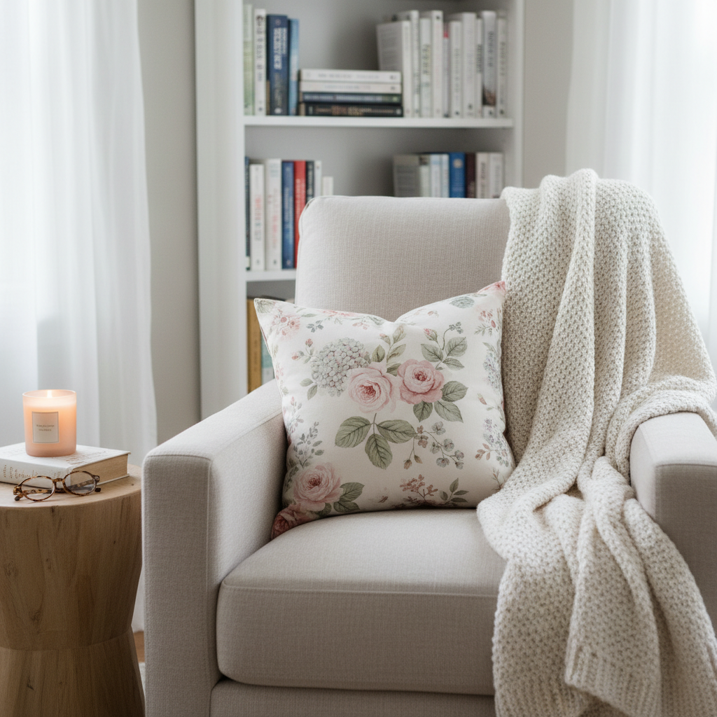 A cozy reading nook in a quiet corner of a home, centered on a plush neutral armchair with a chunky cream knit blanket folded over one arm and a floral pillow nestled in the corner. A small round side table holds a softly worn devotional book, a lit soy candle in a frosted glass jar, and a pair of reading glasses. In the background, a bookcase with neatly arranged Christian living and parenting books is softly blurred. Soft overcast daylight filters through sheer white curtains, creating a gentle, even glow and minimal shadows. Photographed from an eye-level perspective with shallow depth of field, the mood is nurturing, restful, and thoughtfully feminine, in a clean, photographic style that supports themes of encouragement for mothers.