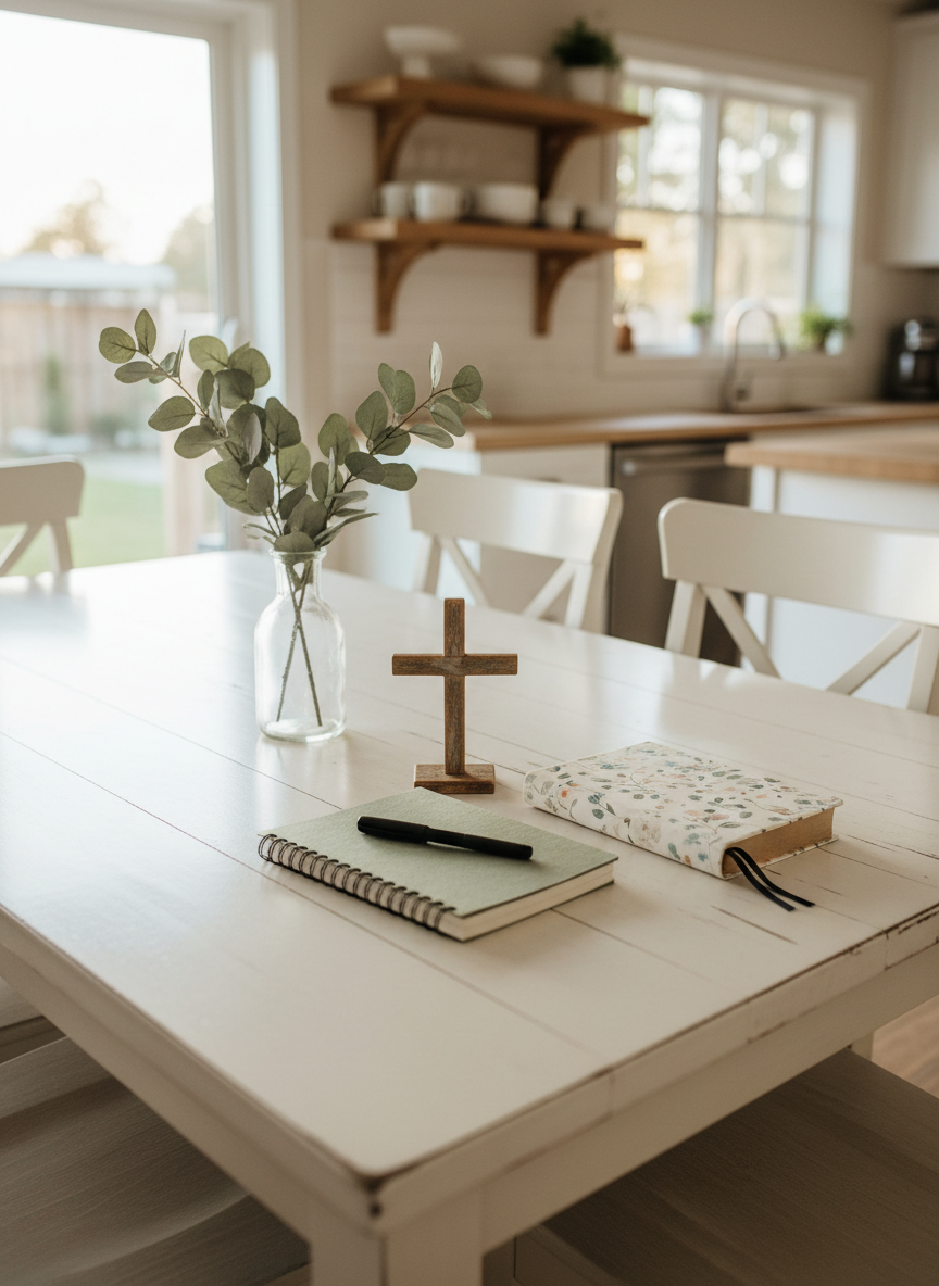 A white farmhouse-style dining table set for a simple family devotion time, featuring a small wooden cross, a closed floral-print journaling Bible, and a spiral-bound notebook with a pen resting diagonally across it. A single vase of eucalyptus branches adds gentle greenery. In the softly focused background, a bright kitchen with white cabinets and warm wood open shelving feels lived-in yet uncluttered. Late-afternoon golden light pours through a nearby window, creating a glow along the tabletop and gentle shadows beneath the objects. Captured from a slightly elevated angle following the rule of thirds, the scene feels calm, intentional, and encouraging, with photographic realism and a warm, inviting atmosphere that reflects faith-filled family life.