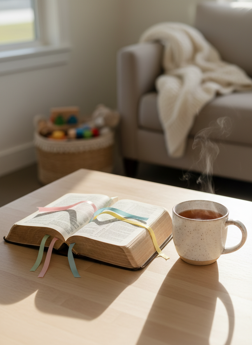 A well-worn, open leather-bound Bible resting on a simple, light-wood kitchen table, its thin pages gently curled at the edges and marked with pastel fabric ribbons. Beside it sits a speckled white stoneware mug filled with tea, faint steam rising. In the softly blurred background, a tidy, sunlit living room hints at toys neatly gathered in a woven basket and a cozy knit blanket draped over a sofa arm. Gentle morning light streams through an unseen window, casting warm, diffused highlights across the pages and subtle shadows on the table. Photographed at eye level with a shallow depth of field, the mood is peaceful, reflective, and home-centered, in a clean, natural, photographic realism style suited for a Christian motherhood blog.
